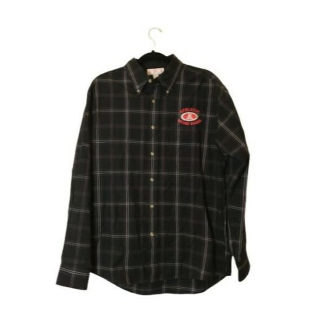BAW Athletic Wear Men's Black Button Down Shirt Plaid Record Boards Size Medium